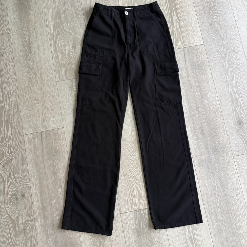 Zara Womens Black High Rise Relaxed Fit Straight Leg Cargo Pants Jeans Size 2